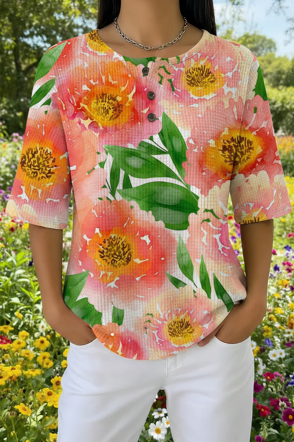 Watercolor Floral Print Waffle Knit Short Sleeve Henley Top