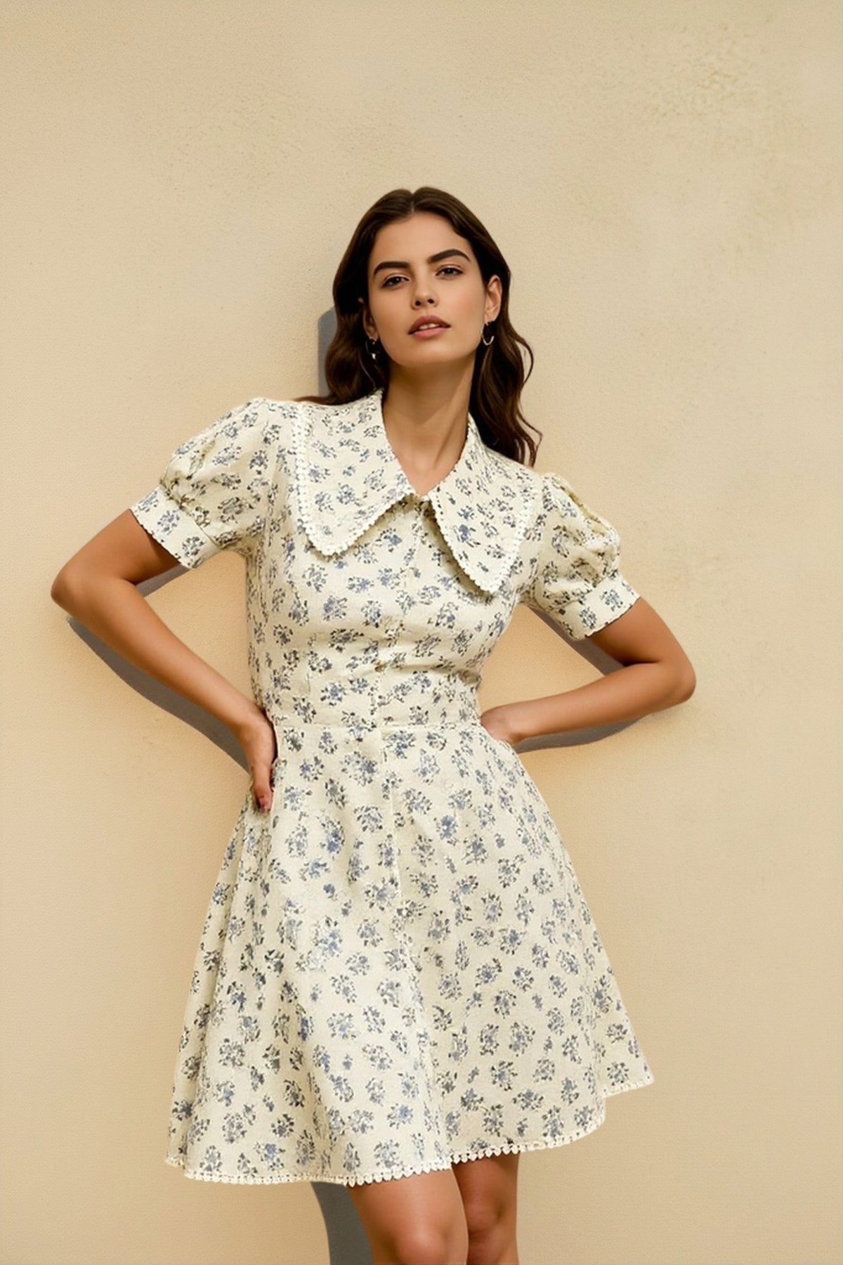 Floral Oversized Collar Puff Sleeve Button Front Flare Mini Dress 2