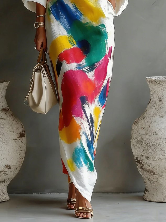 Abstract Paint Print One Shoulder Batwing Maxi Dress 3