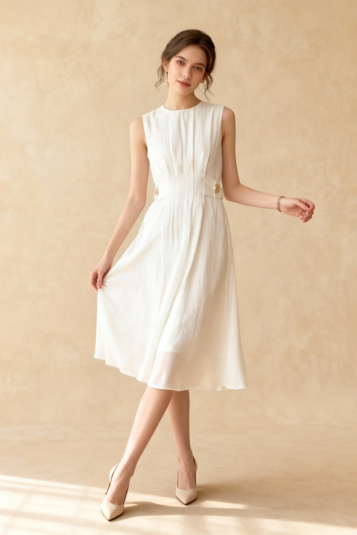 Sleeveless Pintuck Bodice Button Waist Tab A-Line Midi Dress