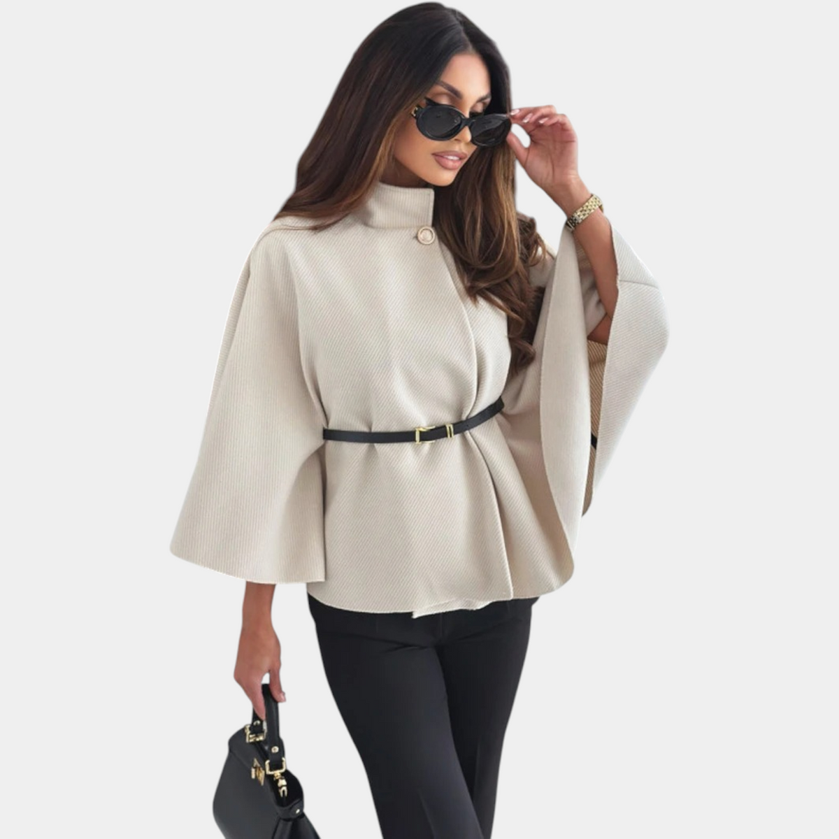 Cape Sleeve High Neck Belted Poncho Cape