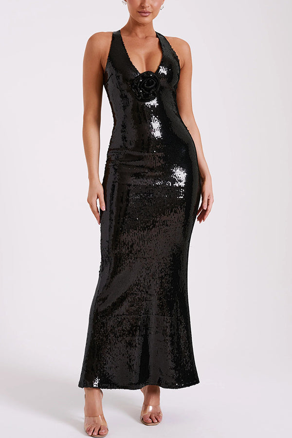Sequin Halter Neck Floral Applique Backless Mermaid Maxi Dress - View 20