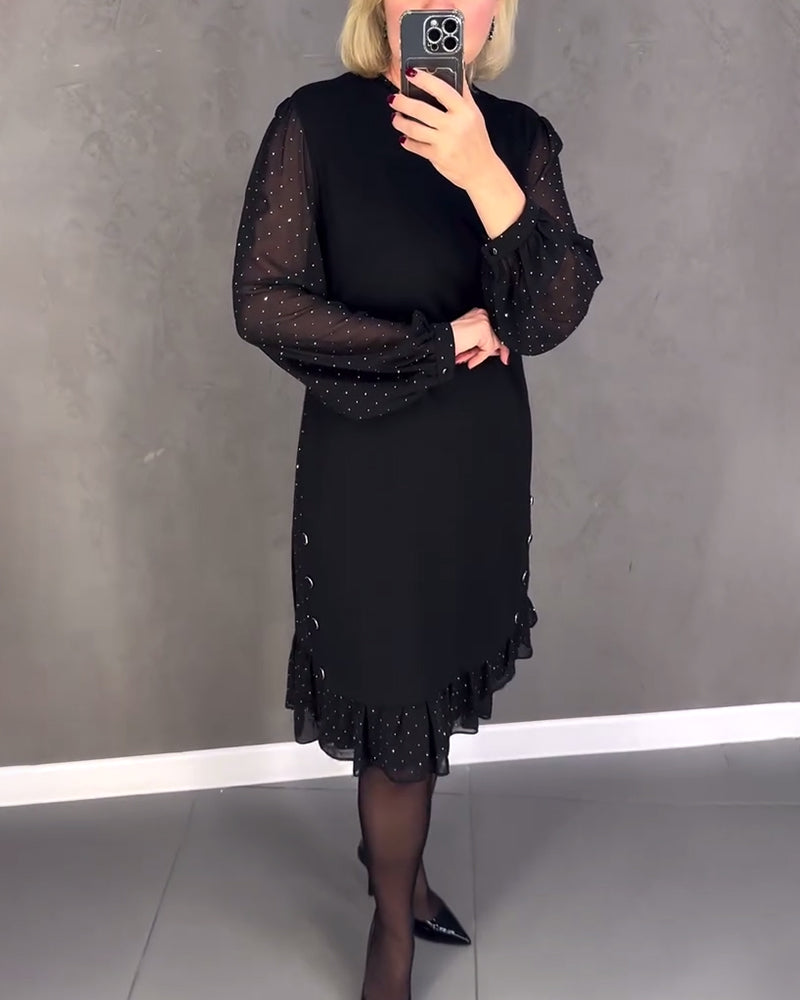 Round Neck Sheer Dot Sleeve Ruffle Hem Shift Midi Dress 6