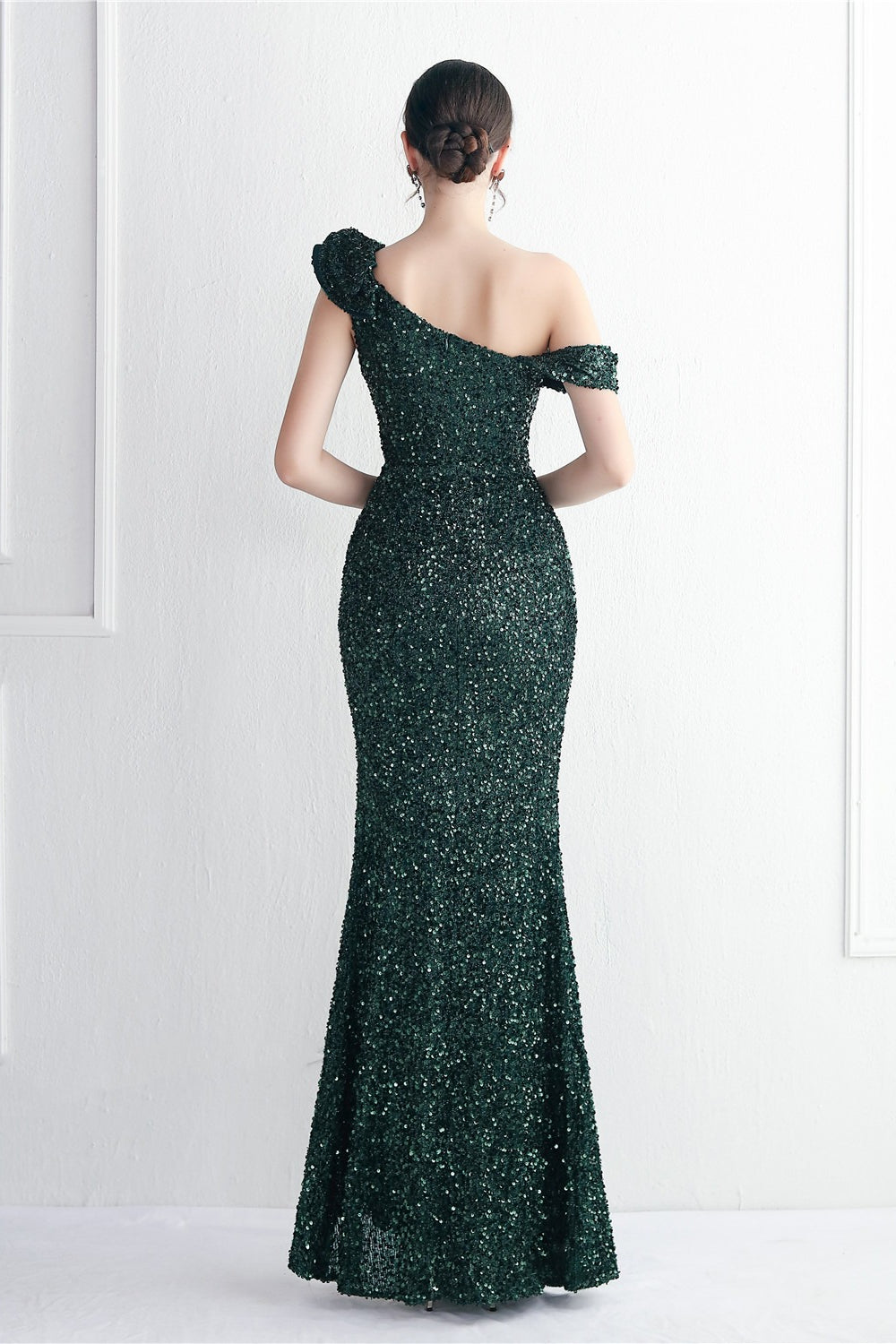 Sequin One Shoulder Ruffle High Split Mermaid Gown - View 10