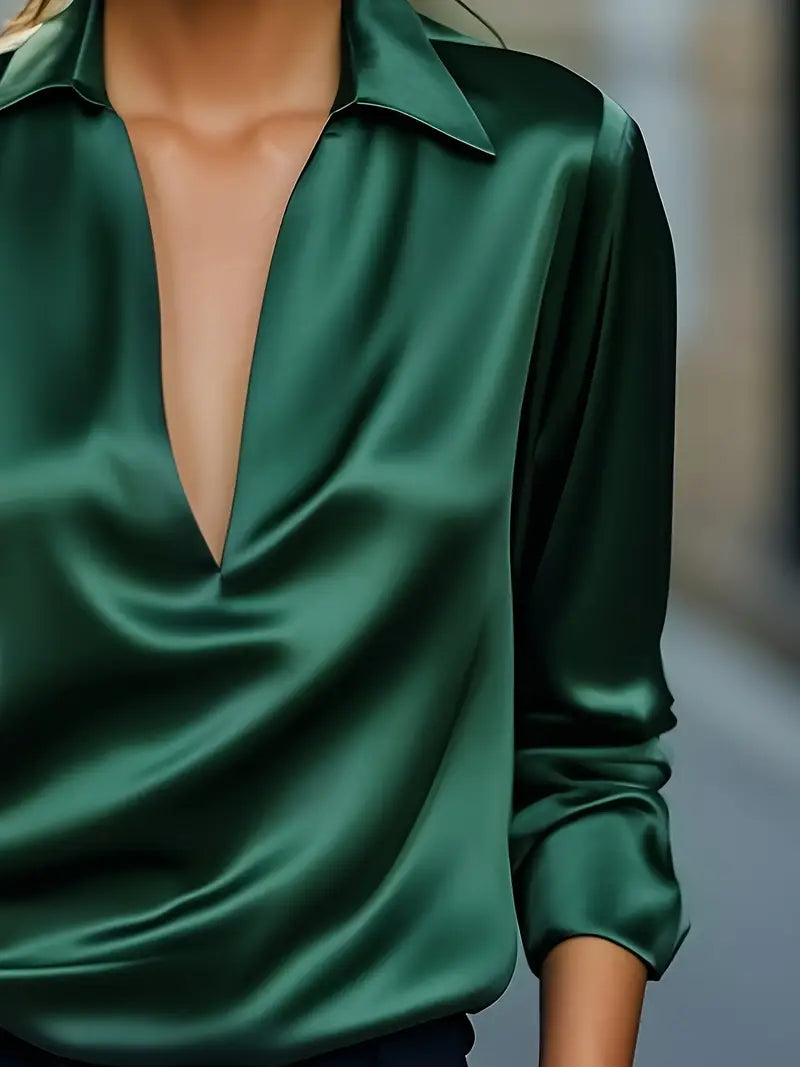 Collared Deep V-Neck Long Sleeve Satin Blouse 23