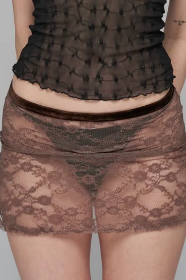 Lace Sheer Mesh Bodycon Pleated Denim Mini Skort