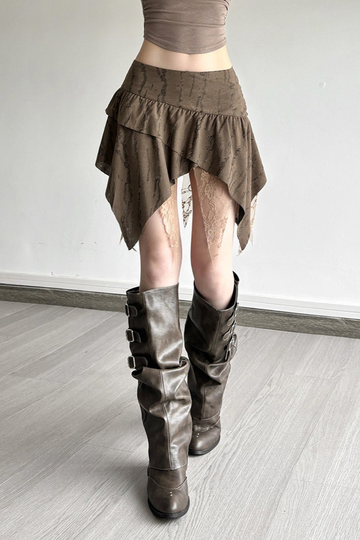 Lace Ruched Pleated Denim Mini Skort