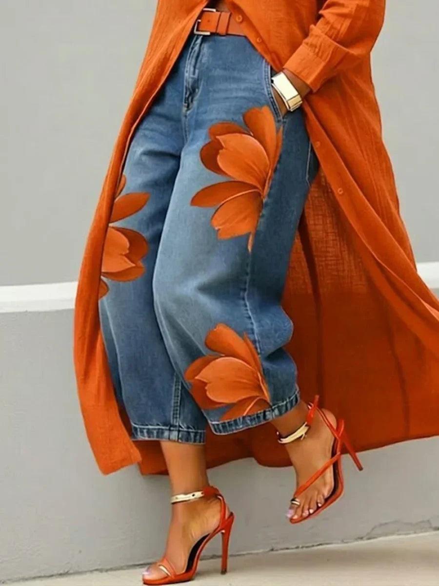 Long Sleeve Duster Shirt and Floral Wide Leg Jeans Two Piece Set 7