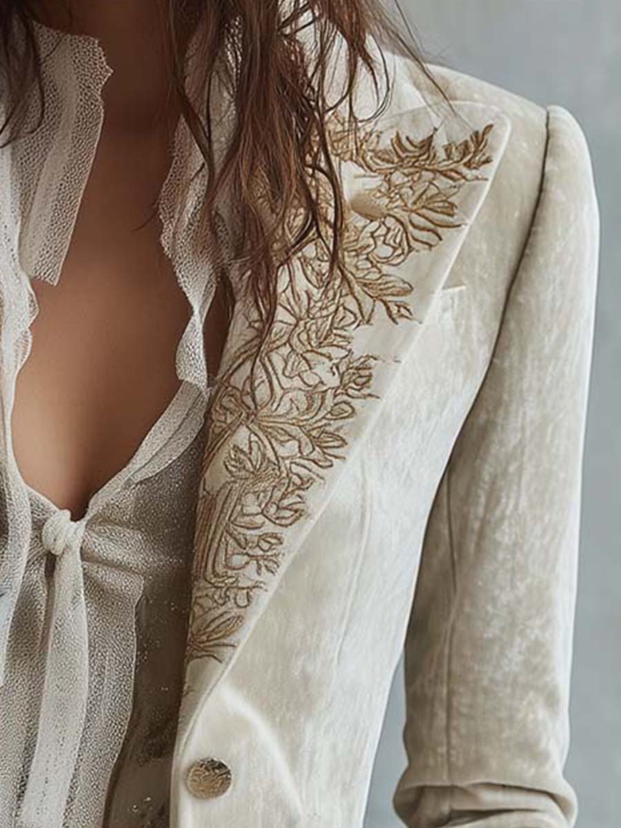 Embroidered Lace Cuff Velvet Look Blazer 5