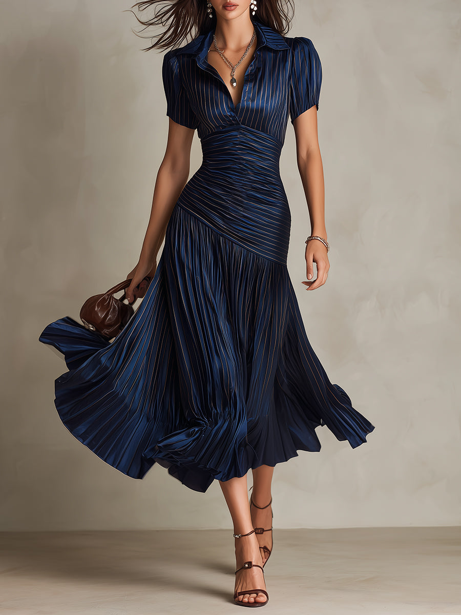 Striped Satin Collared Short Sleeve Ruched Pleated Fishtail Midi Dress 6