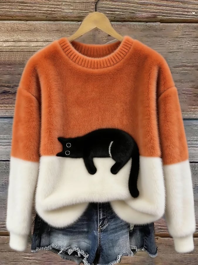 Cat Print Colorblock Crew Neck Fuzzy Sweater 3