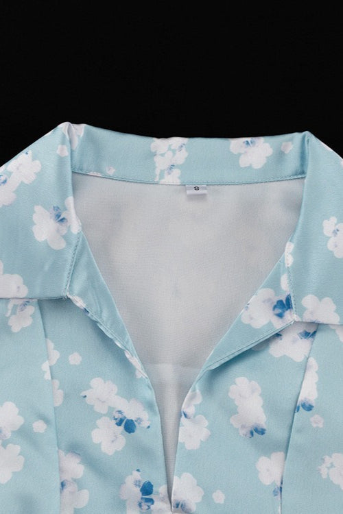 Satin Floral Print Collar Long Sleeve Belted Midi Dress - View 6