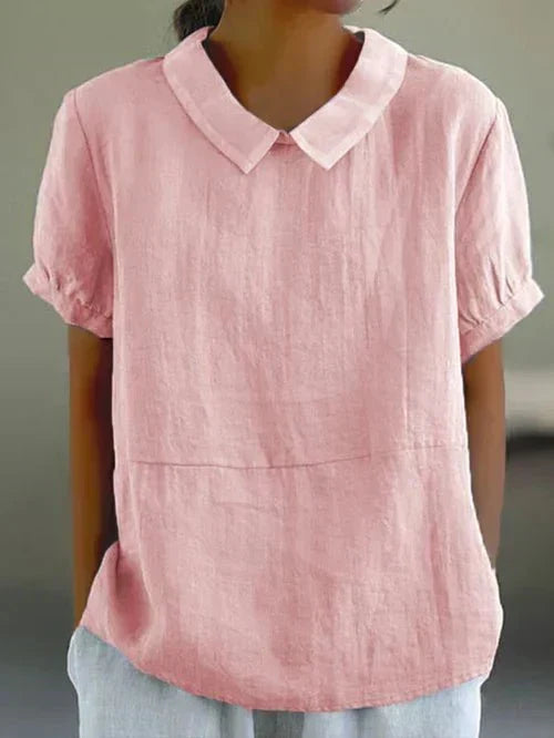Peter Pan Collar Short Puff Sleeve Linen Look Top 3