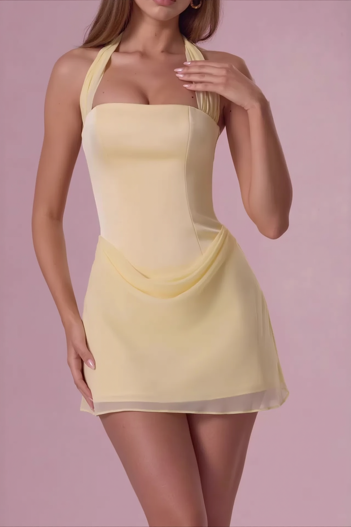 Chiffon Halter Neck Draped Bodycon Mini Dress - View 3