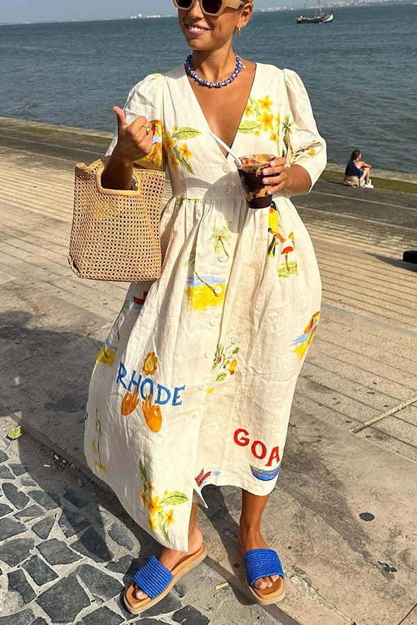V-Neck Puff Sleeve Button Front Empire Waist Tropical Dress