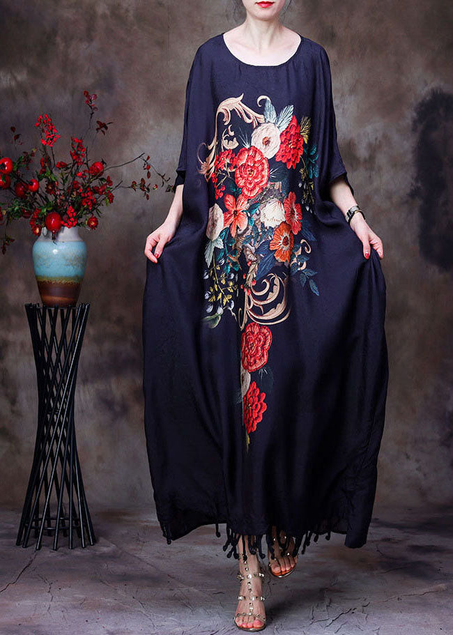 Vertical Floral Embroidery Batwing Sleeve Round Neck Maxi Dress