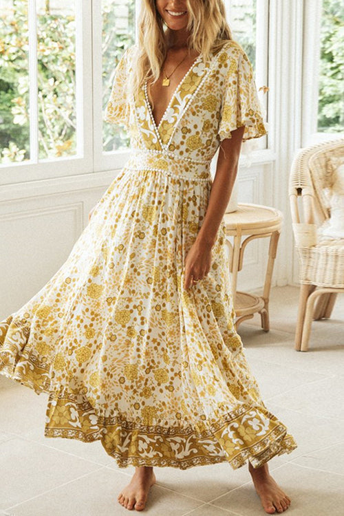 Floral Print Deep V-Neck Pom Trim Flutter Sleeve Maxi Dress - View 2
