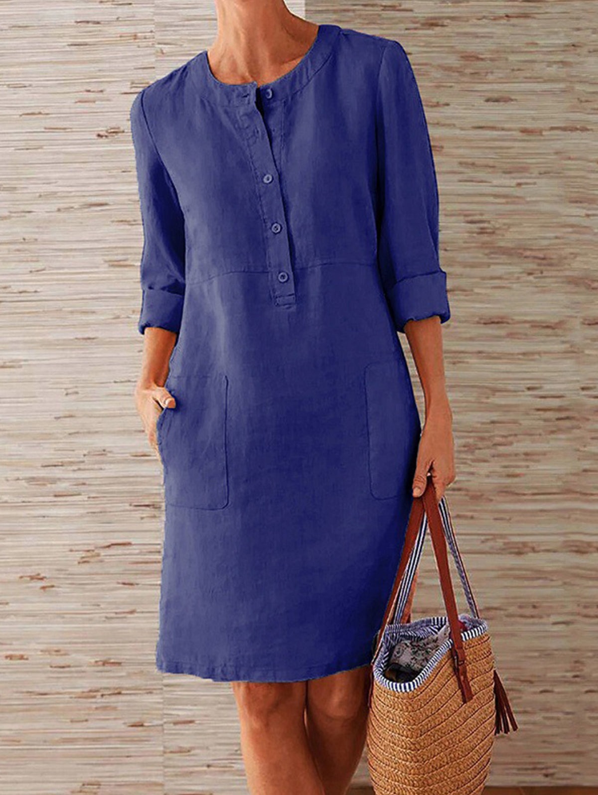 Button Front Round Neck Patch Pocket Three Quarter Shift Dress - View 8
