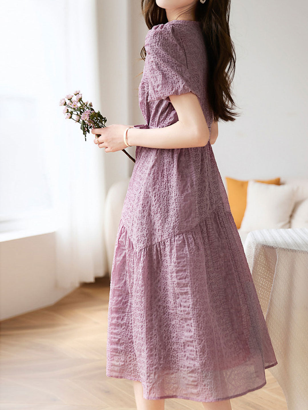 Square Neck Short Sleeve Tie Belt Tiered A-Line Midi Dress - View 5