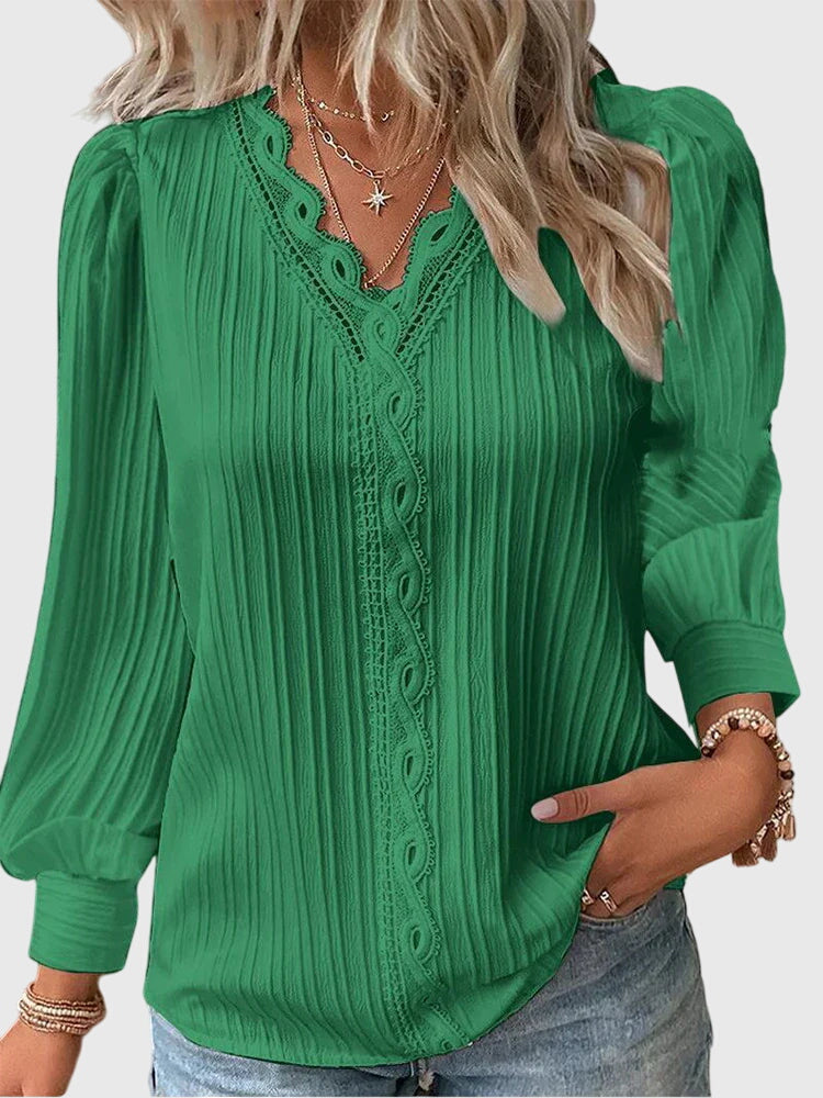 V-Neck Long Sleeve Lace Trim Pleated Blouse 2