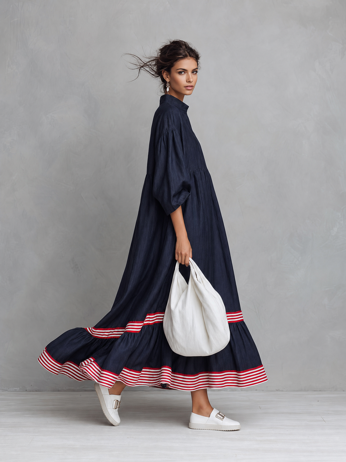 Round Neck Short Sleeve Striped Ruffle Tiered Maxi Dress 5