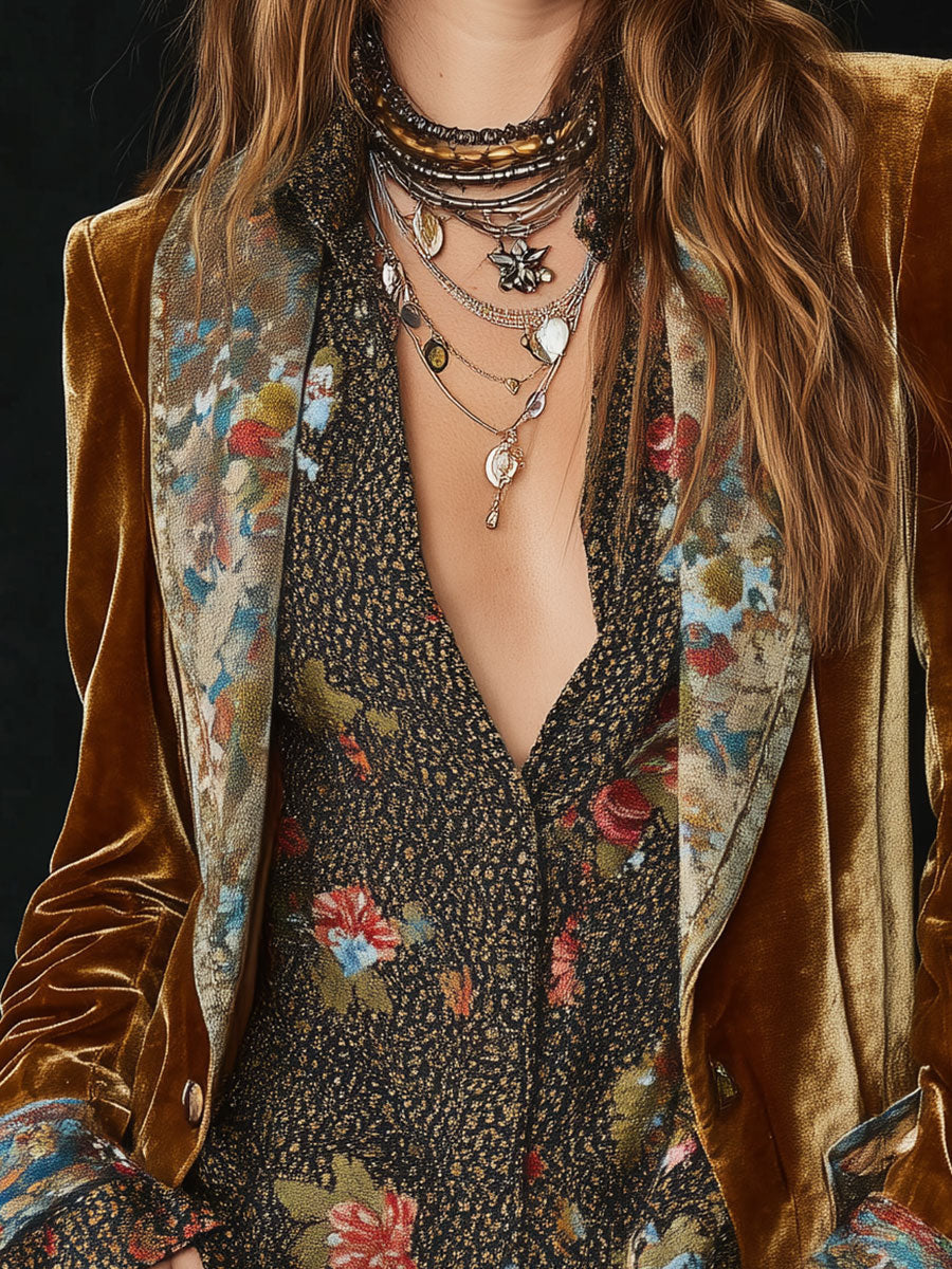 Floral Brocade Lapel Velvet Blazer 3