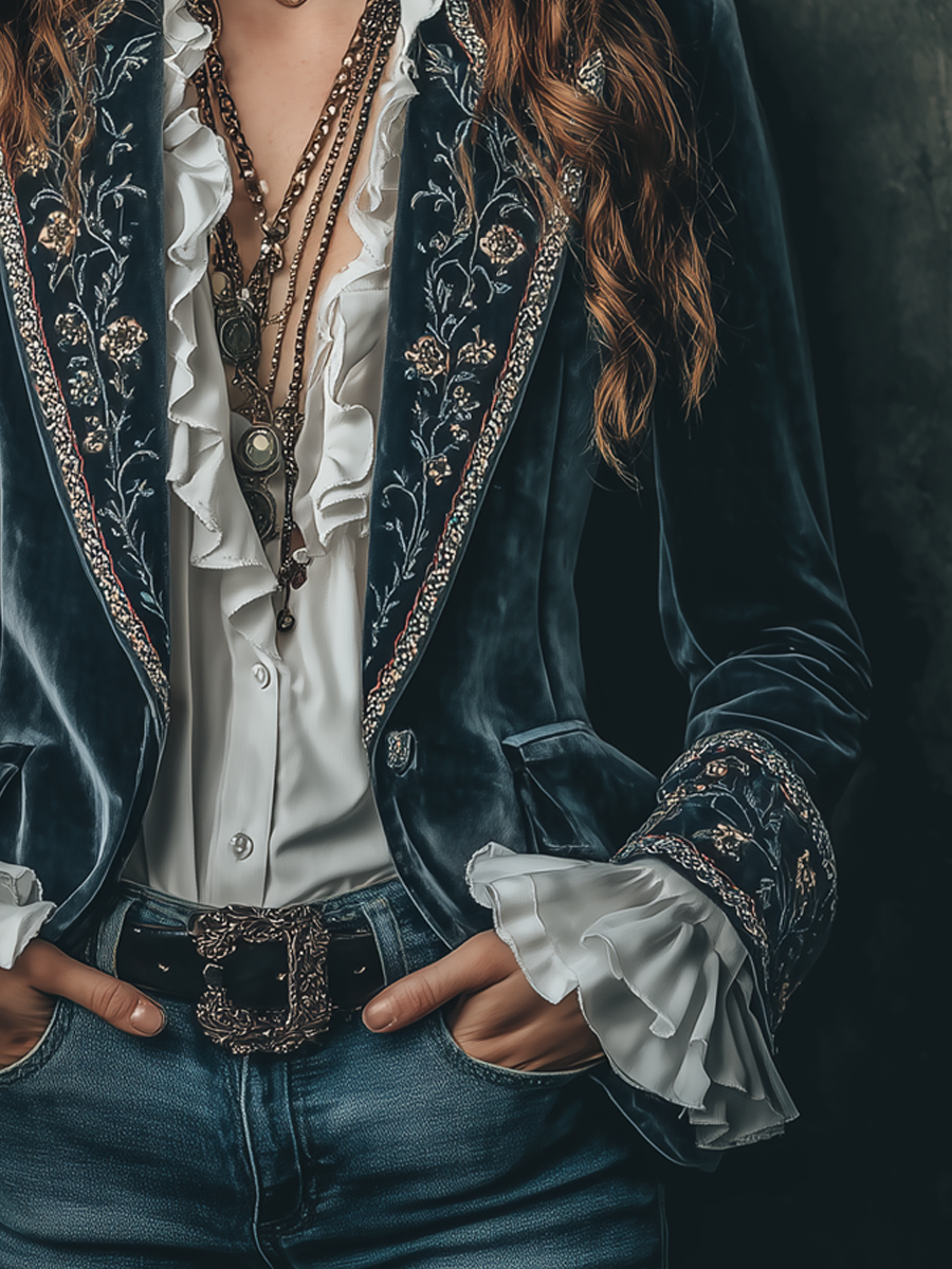 Floral Embroidered Ruffle Cuff Velvet Blazer 6