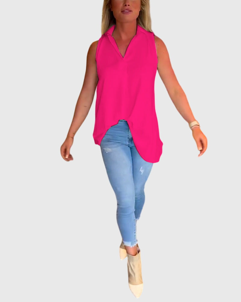 Collared Sleeveless High Low Blouse 10