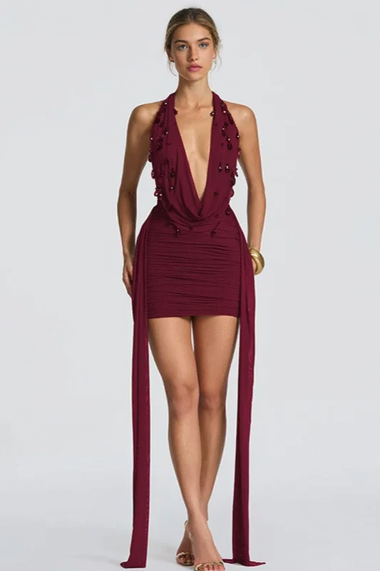 Deep V-Neck Halter Neck Beaded Ruched Bodycon Mini Dress - View 2
