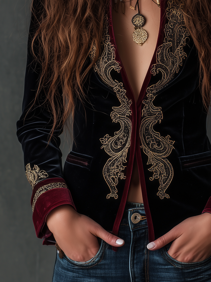 Baroque Embroidered Velvet Open Front Blazer 4