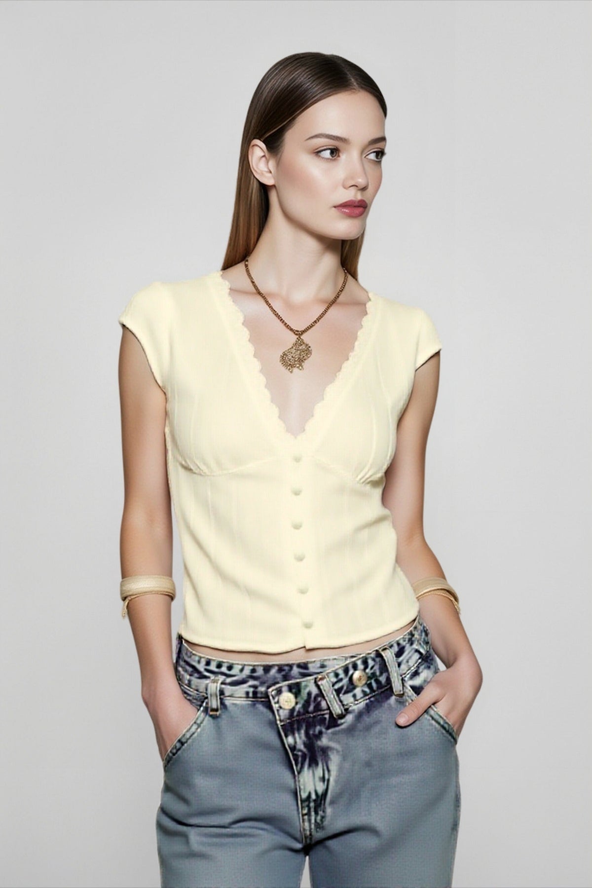 Deep V-Neck Cap Sleeve Lace Trim Button Front Top 6