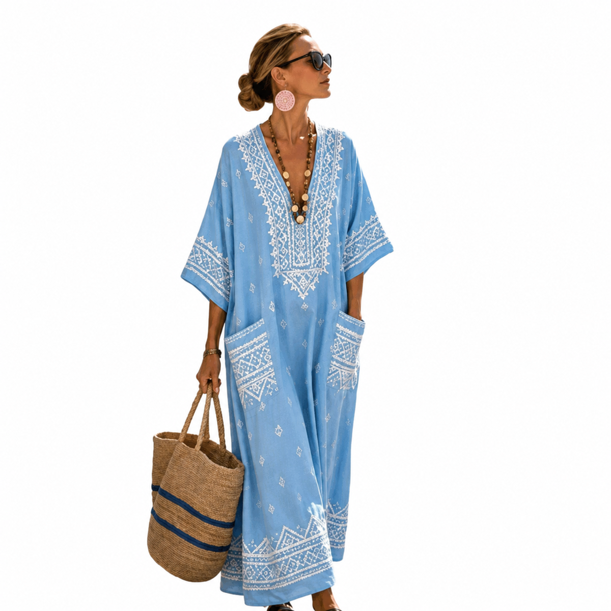Embroidered V-Neck Pocket Kaftan Maxi Dress