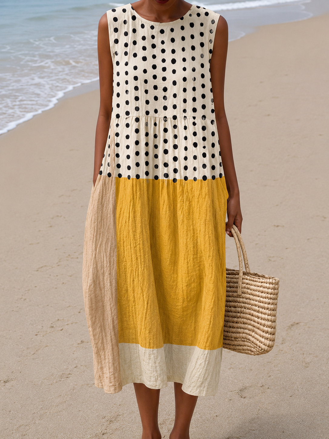 Polka Dot Color Block Sleeveless Scoop Neck Midi Dress 2
