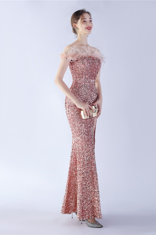 Sequin Off Shoulder Feather Trim High Split Mermaid Gown - View 12