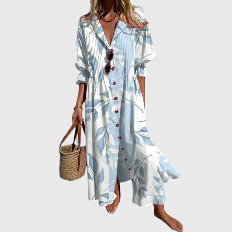 Watercolor Floral Print Split Neck Long Sleeve Maxi Dress 6