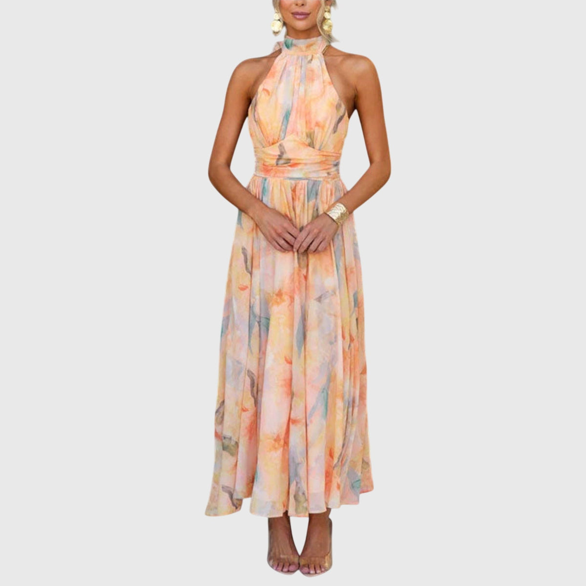 Watercolor Floral Halter Neck Sleeveless Maxi Dress 2