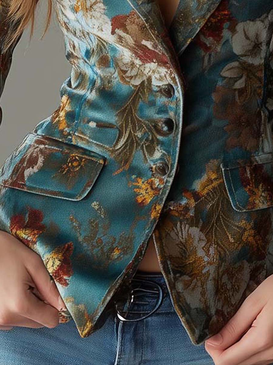 Floral Print Velvet Peak Lapel Blazer 5