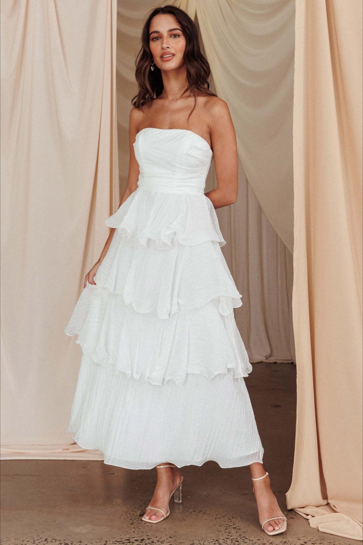 Strapless Tiered Ruffle Fit and Flare Midi Dress
