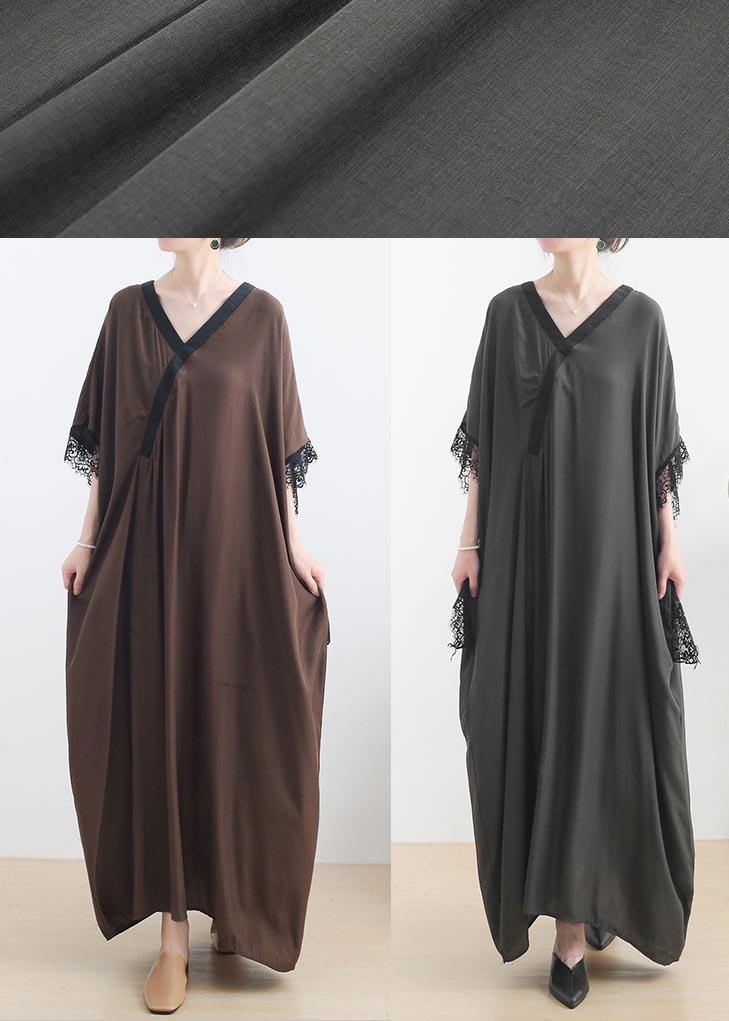 Deep V-Neck Wrap Overlay Batwing Sleeve Lace Trim Maxi Dress - View 5