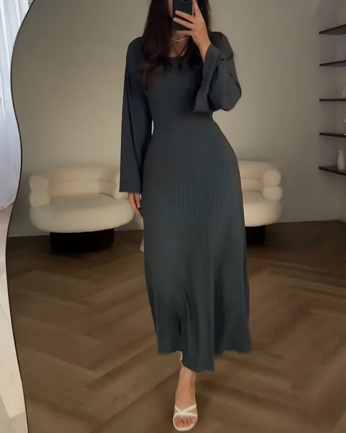 Scoop Neck Bell Sleeve Ribbed Knit Bodycon Maxi Dress - View 8