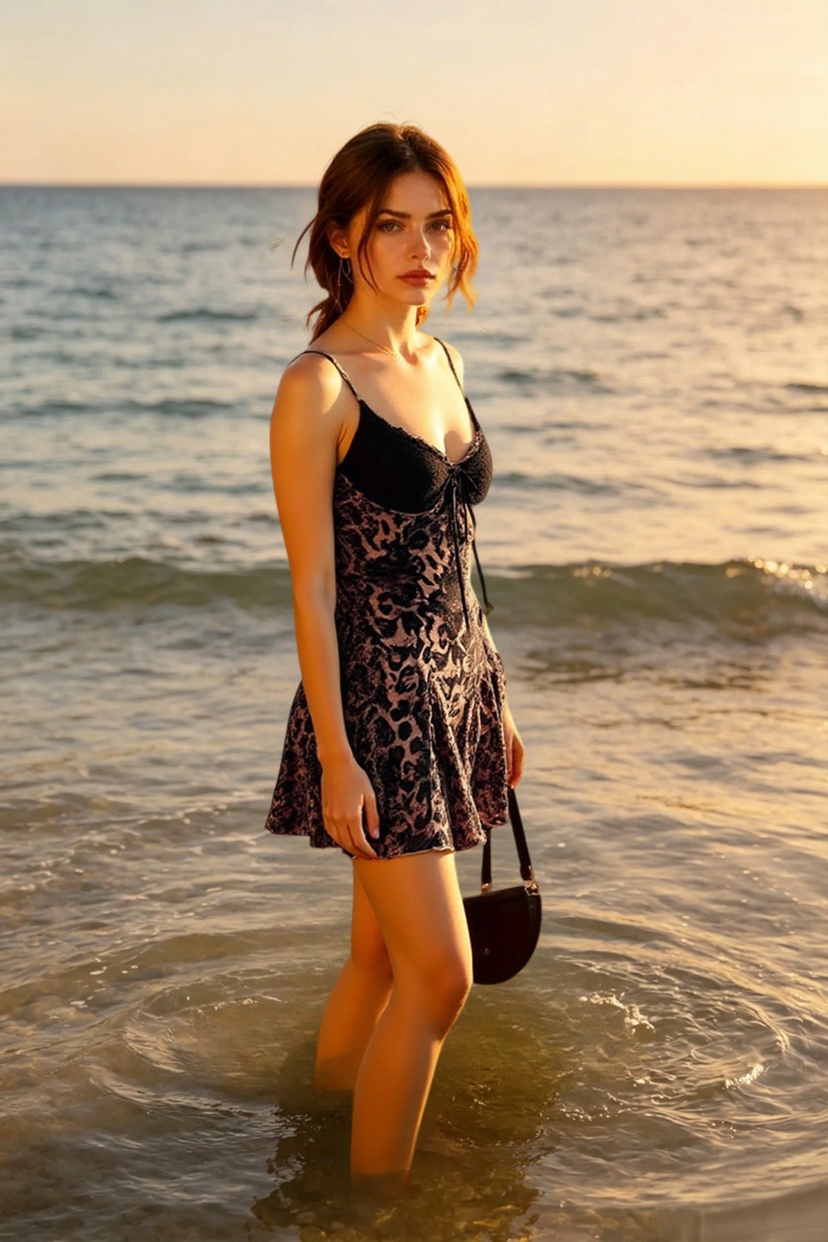 Leopard Print Lace Trim Spaghetti Strap Fit and Flare Mini Dress