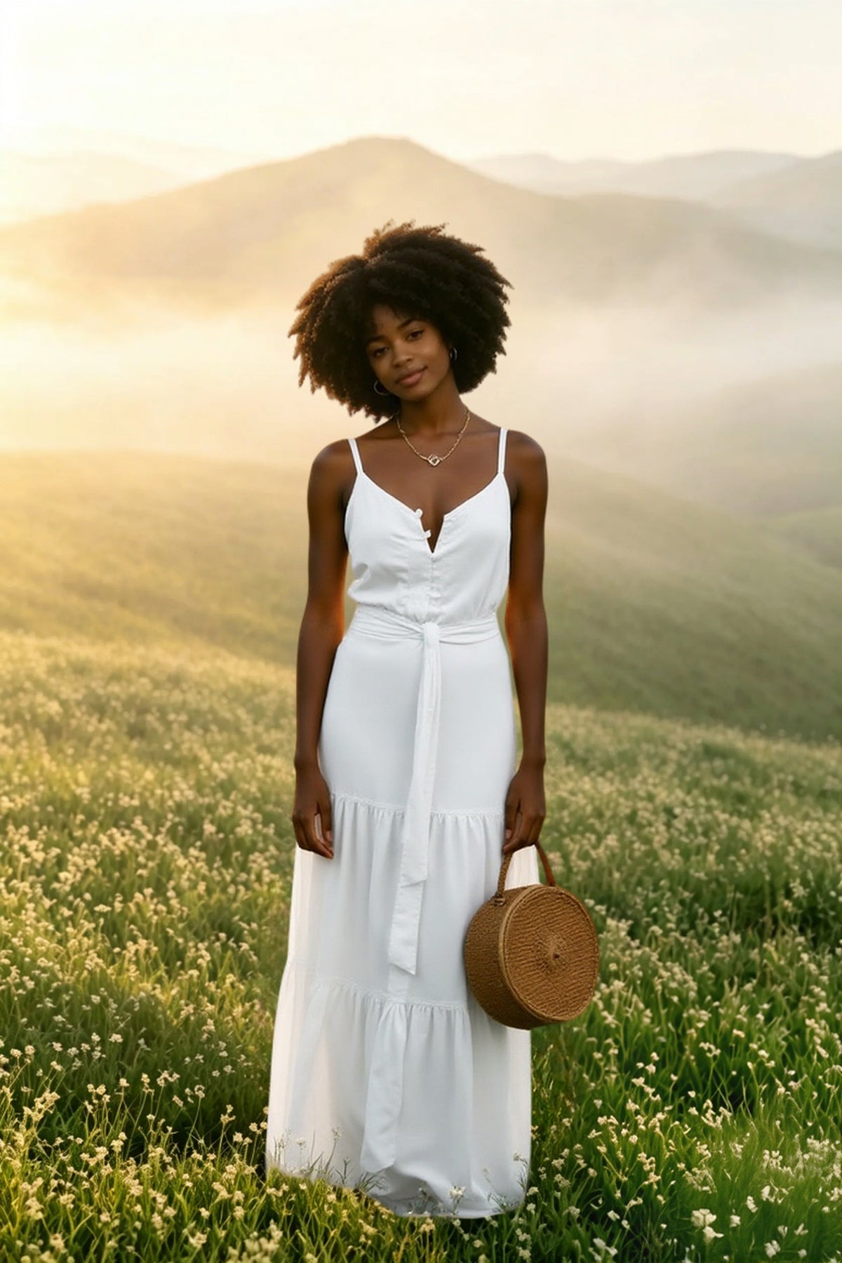 V Neck Tunic Ruffles Maxi Dress