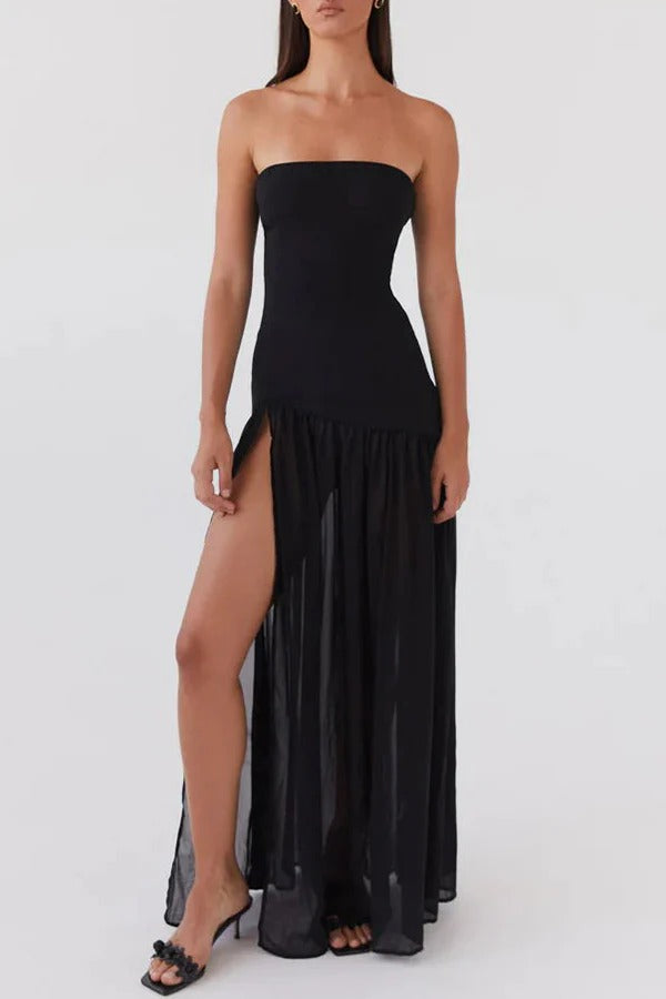 Lizzy Strapless Semi Sheer Patchwork Chiffon Maxi Dress - View 12
