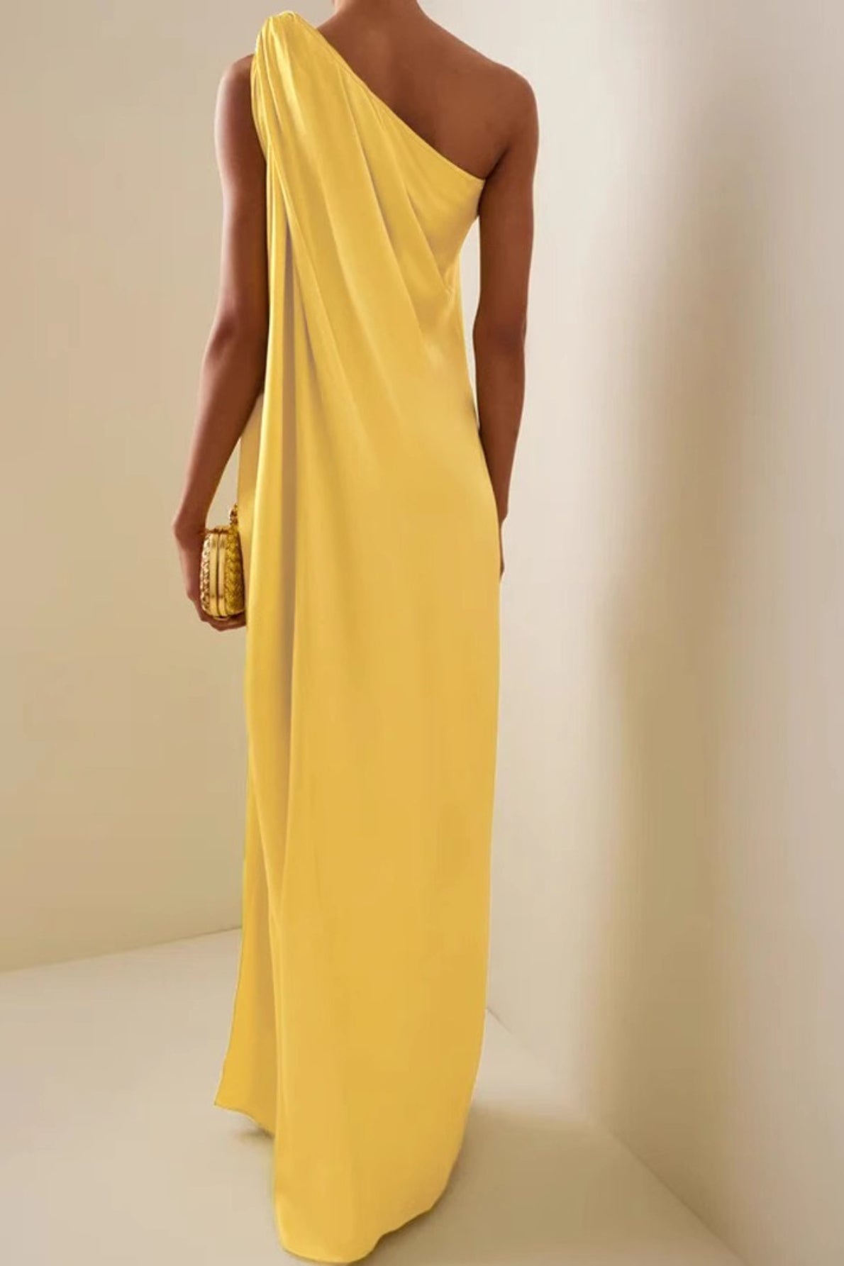 Satin One Shoulder Ruched High Split Column Maxi Gown - View 2