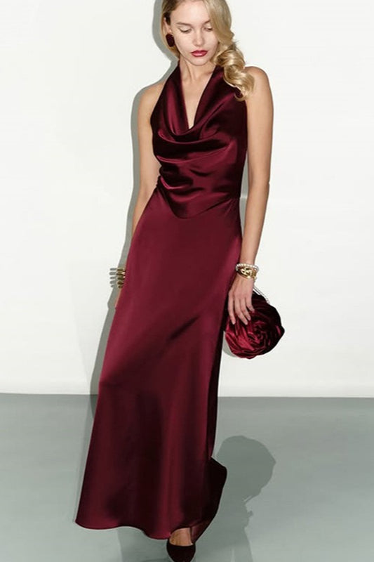 Satin Halter Cowl Neck Draped Ruched Bodycon Maxi Gown - View 4