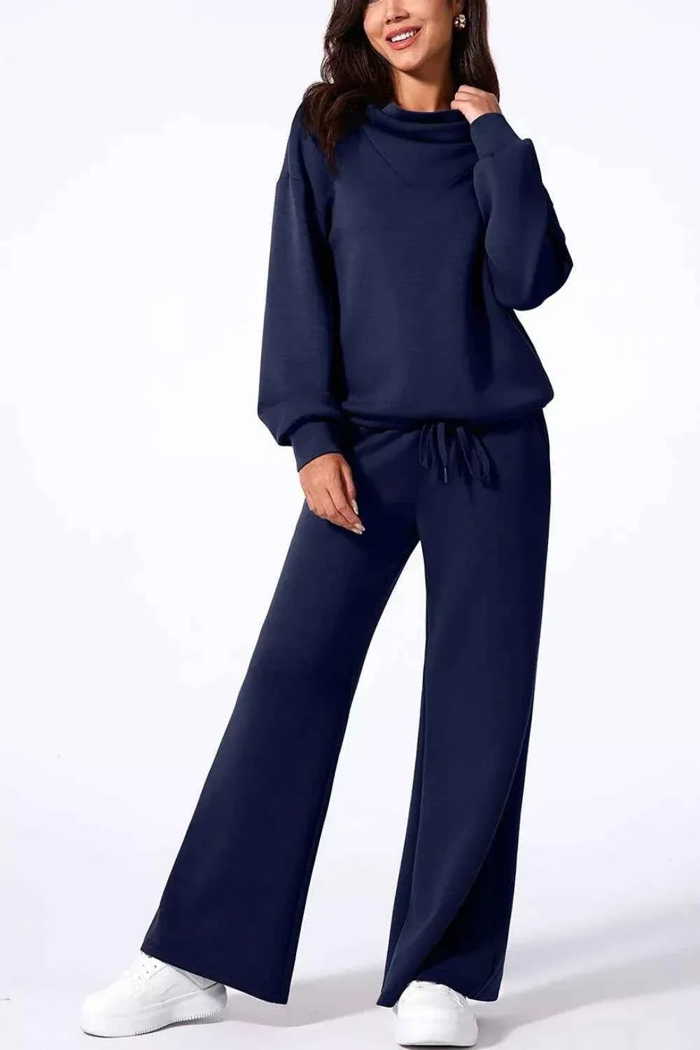 Cowl Neck Drawstring Pullover Wide Leg Pants Set