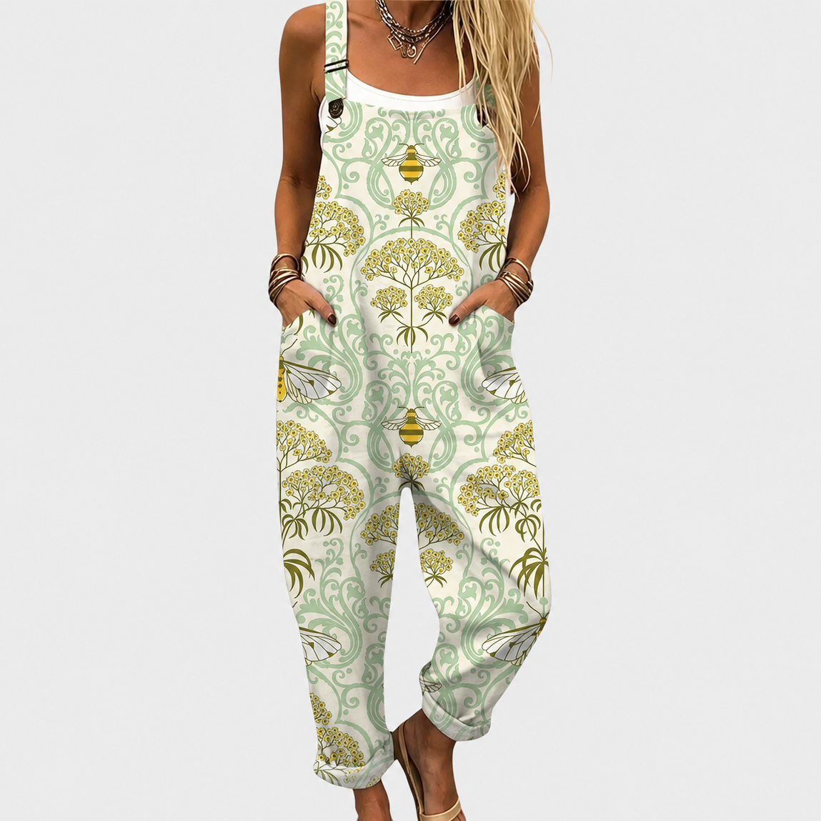Bee Floral Print Wide Leg Overall Jumpsuit