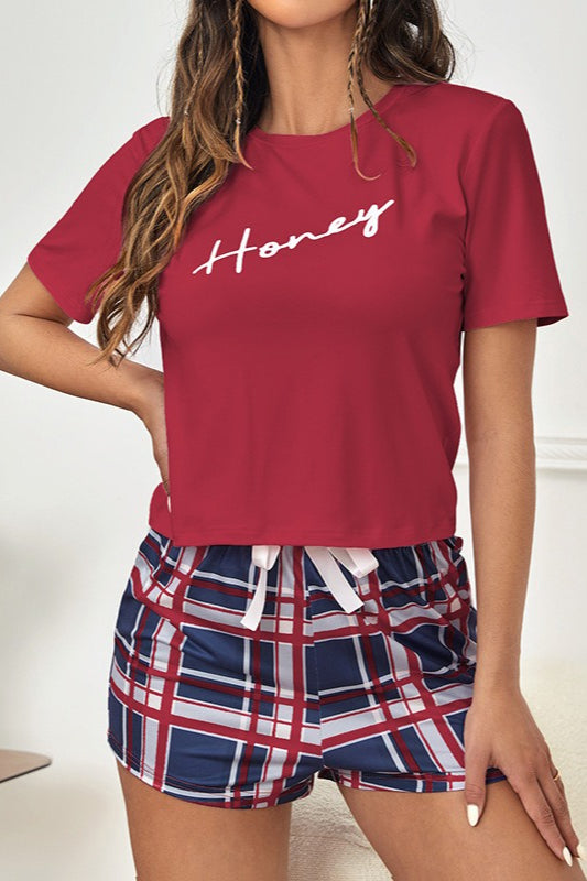Letter Print Plaid Shorts Tee Pajama Set
