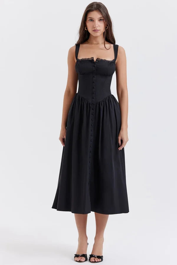 Lace Trim Square Neck Corset Button Front Basque Waist Midi Dress - View 2
