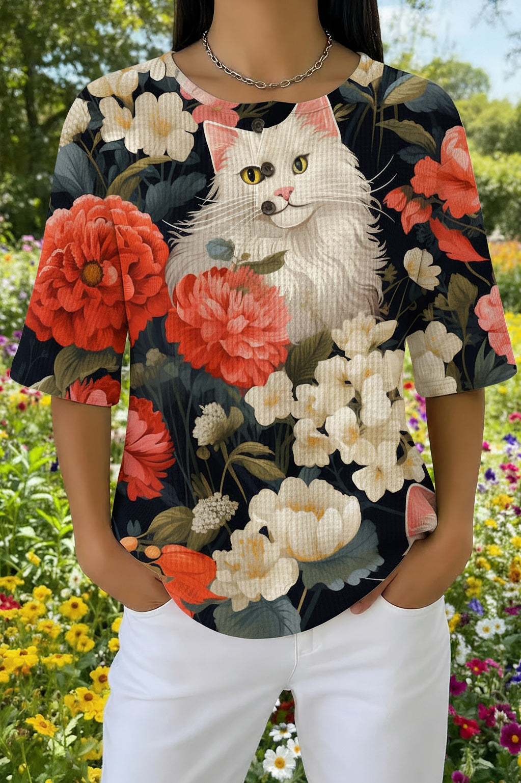 Cat Floral Print Waffle Knit Henley Short Sleeve Top
